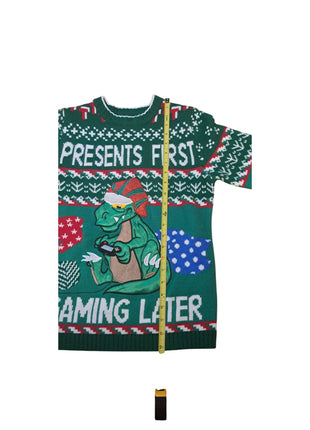 Ugly Christmas Sweater Green With Dinosaur Presents First Gaming Later M Medium