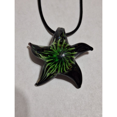 Hand Blown Glass Starfish Pendant Necklace Green And Black