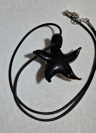 Hand Blown Glass Starfish Pendant Necklace Green And Black