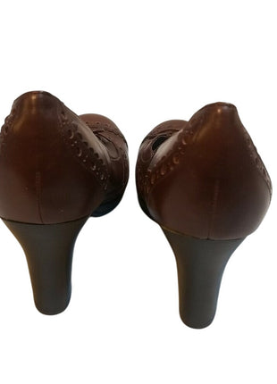 Nine West Brown Leather Heeled Pumps With Decorative Stitching & Lace Detail Size 7.5