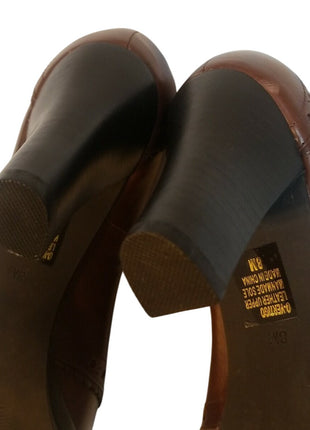 Nine West Brown Leather Heeled Pumps With Decorative Stitching & Lace Detail Size 7.5