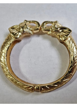 VINTAGE  DOUBLE ELEPHANT KISSING HEAD GOLD TONE CRYSTAL HINGED CUFF BRACELET