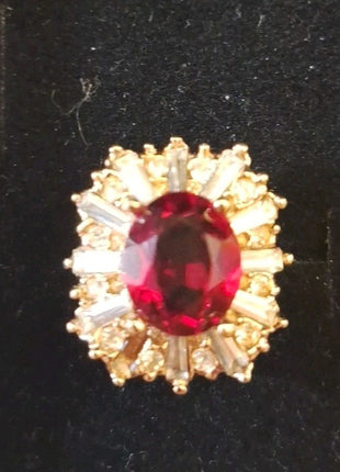 Vintage 14KT GF ESPO Cocktail Ring Faux Ruby Red and Rhinestone Cluster Size 7