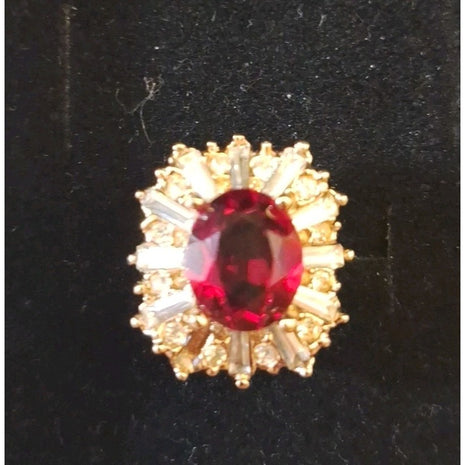 Vintage 14KT GF ESPO Cocktail Ring Faux Ruby Red and Rhinestone Cluster Size 7