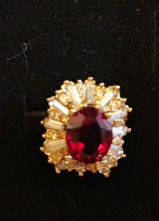 Vintage 14KT GF ESPO Cocktail Ring Faux Ruby Red and Rhinestone Cluster Size 7