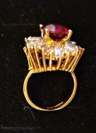 Vintage 14KT GF ESPO Cocktail Ring Faux Ruby Red and Rhinestone Cluster Size 7