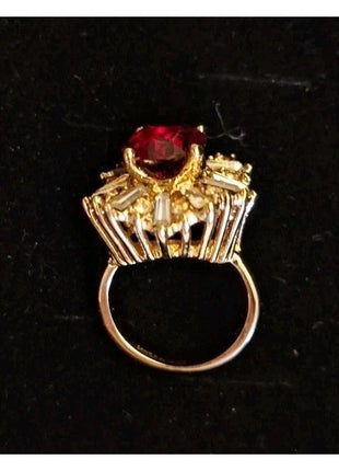 Vintage 14KT GF ESPO Cocktail Ring Faux Ruby Red and Rhinestone Cluster Size 7