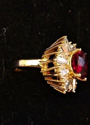 Vintage 14KT GF ESPO Cocktail Ring Faux Ruby Red and Rhinestone Cluster Size 7