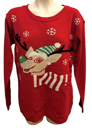 Evelyn Taylor Women’s XL Red Reindeer Ugly Christmas Sweater Festive Holiday