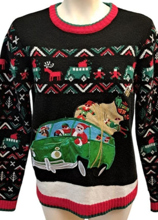 Holiday Time Unisex XL 14-16 Boys  Black Ugly Christmas Sweater Santa Van Road Trip