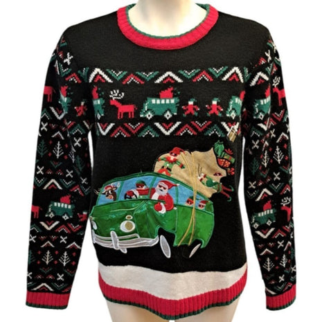 Holiday Time Unisex XL 14-16 Boys  Black Ugly Christmas Sweater Santa Van Road Trip
