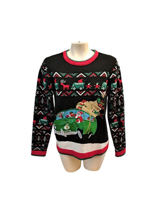 Holiday Time Unisex XL 14-16 Boys  Black Ugly Christmas Sweater Santa Van Road Trip