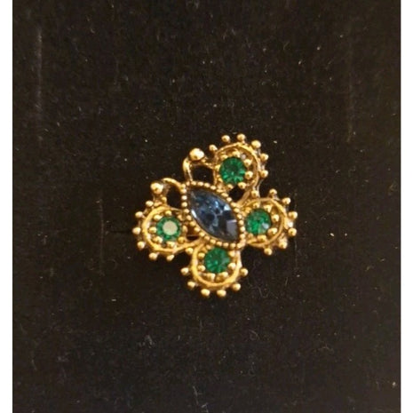 Vintage Sarah Coventry Adjustable Green Blue Rhinestone Gold Tone Butterfly Ring