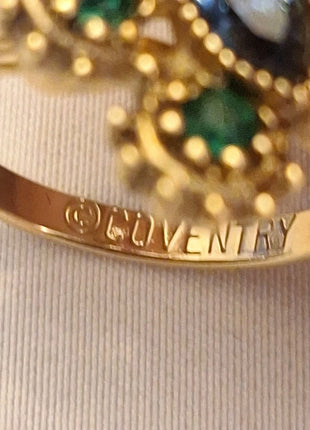 Vintage Sarah Coventry Adjustable Green Blue Rhinestone Gold Tone Butterfly Ring