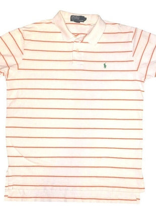 Ralph Lauren Polo Shirt Mens M White W/ Orange Stripes 100% Cotton Short Sleeve Casual Collared