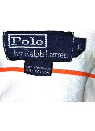 Ralph Lauren Polo Shirt Mens M White W/ Orange Stripes 100% Cotton Short Sleeve Casual Collared