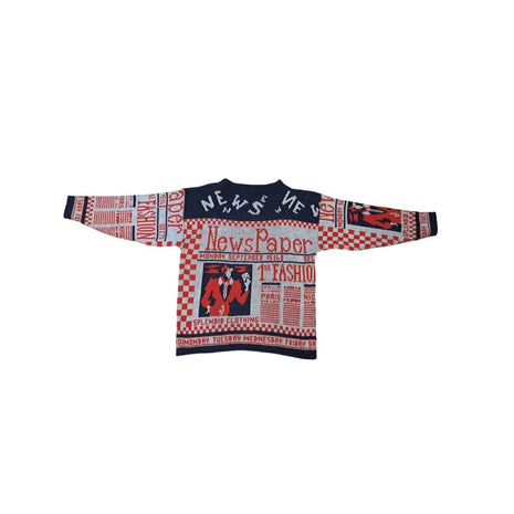 Vintage 80s Adele Boho Newspaper All Over Print Acrylic Knit Sweater RARE Color